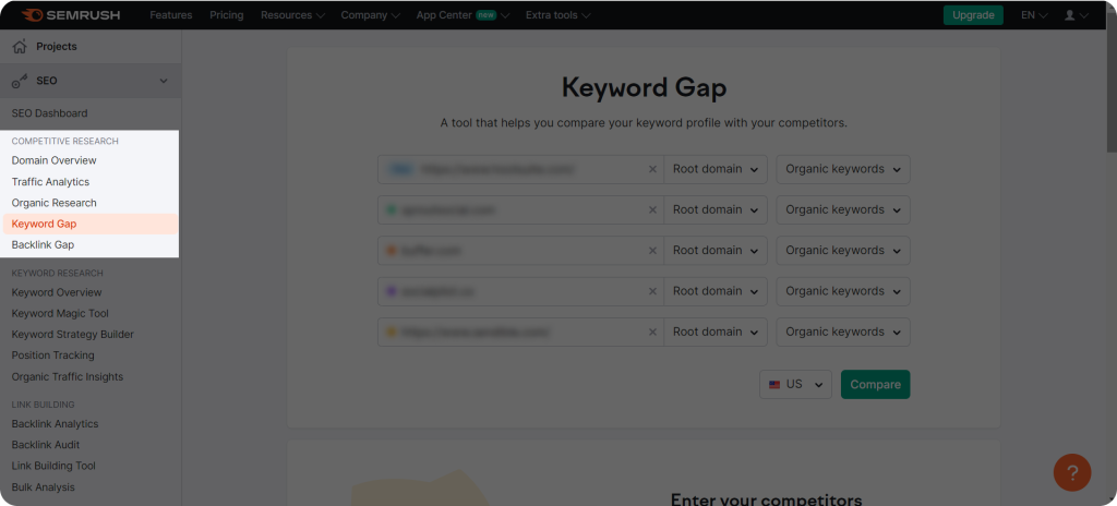 Semrush keyword gap tool analysing the keywords competitors have compared to a website.