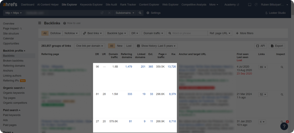 Screenshot showing how to check website metrics on Ahrefs as a link building tool.