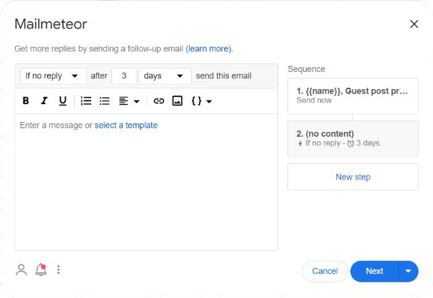 Mailmeteor follow up setup for link building campaign.