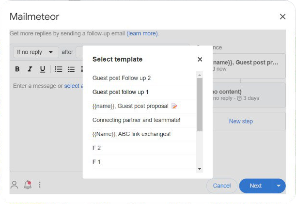 Choosing the Mailmeteor template for link building outreach.