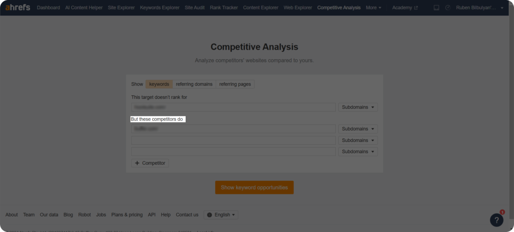 The competitive analysis section to help find keyword opportunities.