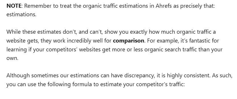 What Ahrefs says about their organic traffic metric in link building.