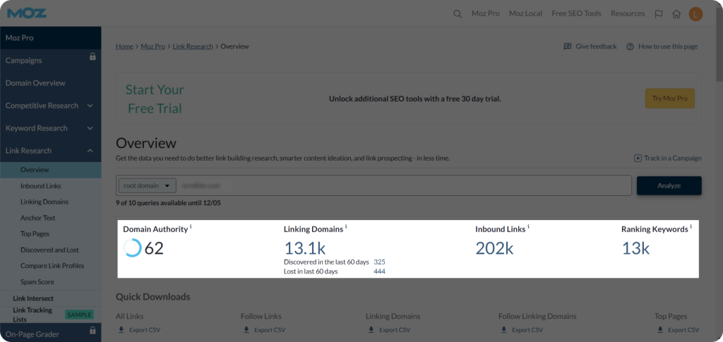 The domain authority metric check in Moz.