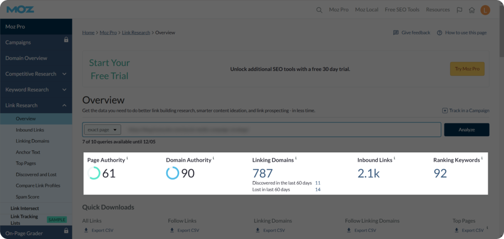 The page authority metric on Moz.