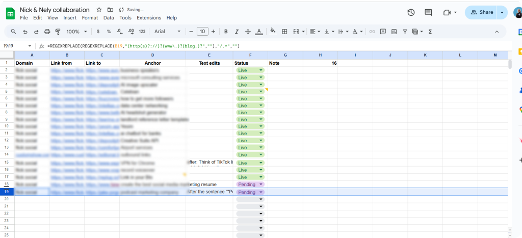 Spreadsheet example from Saynine team for link building.