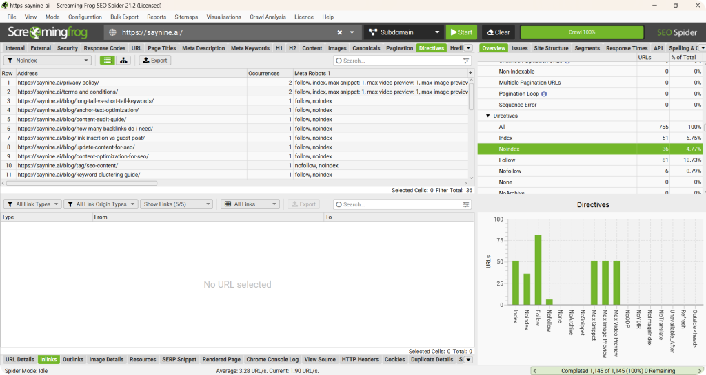 Screenshot on auditing a website on ScreamingFrog.