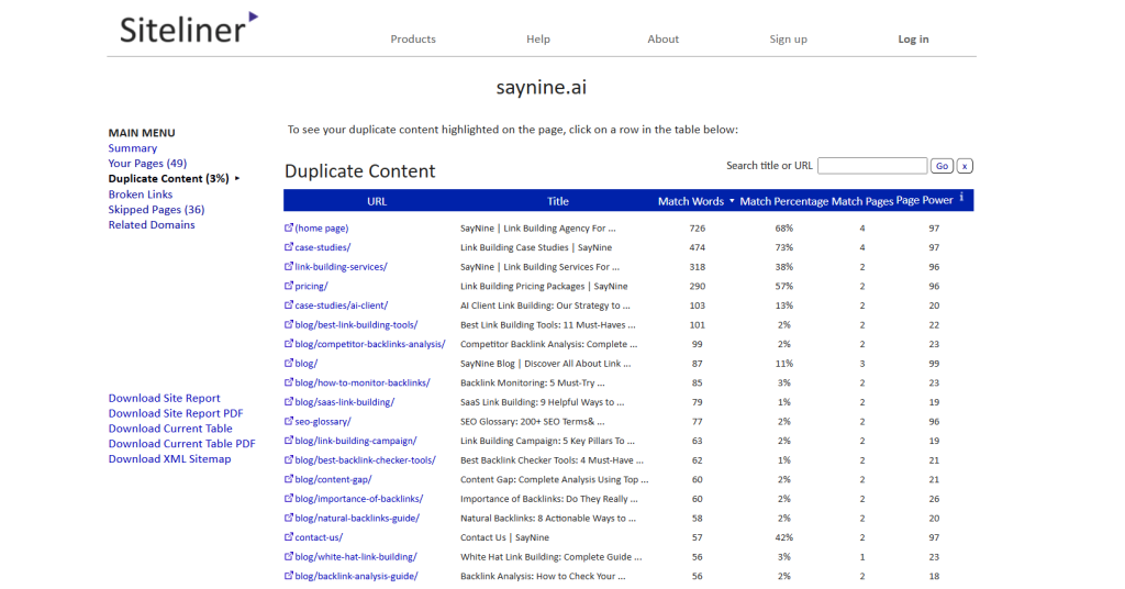 Checking duplicate content with Siteliner.