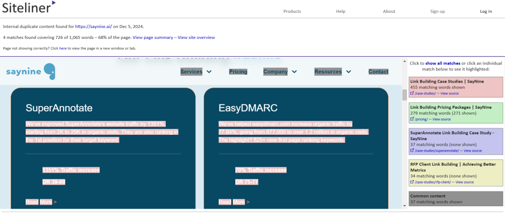 Checking duplicate content results on Siteliner.