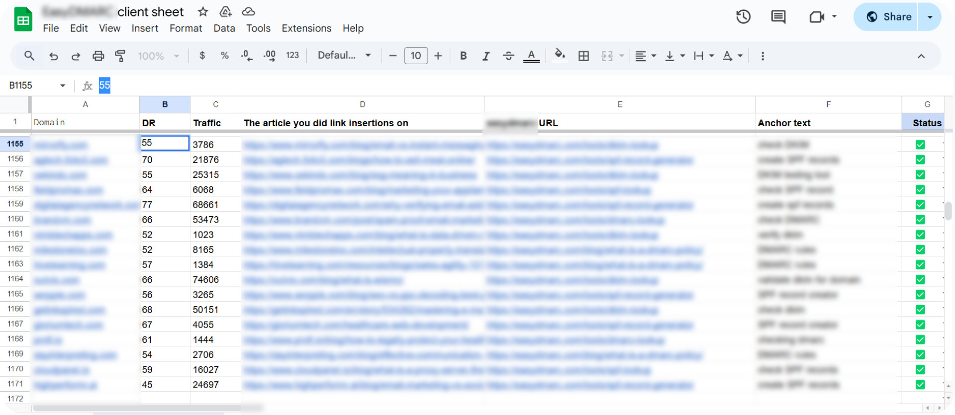 Example of client sheet automation for backlinks campaign.