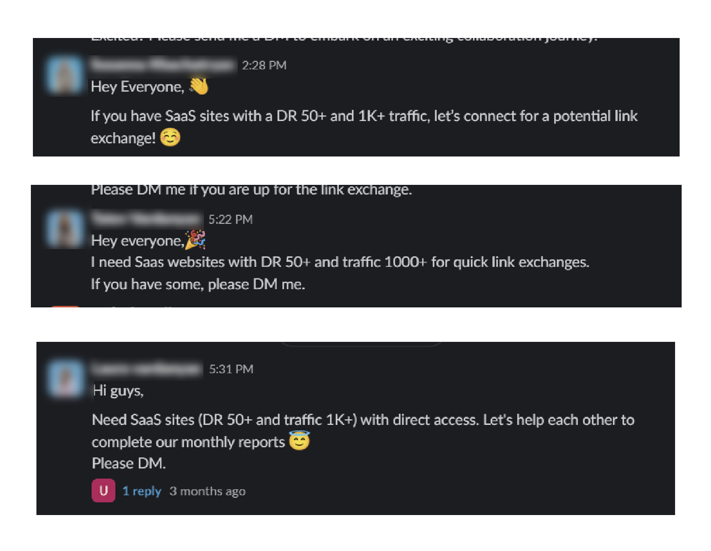 Link exchange offer message on Slack.