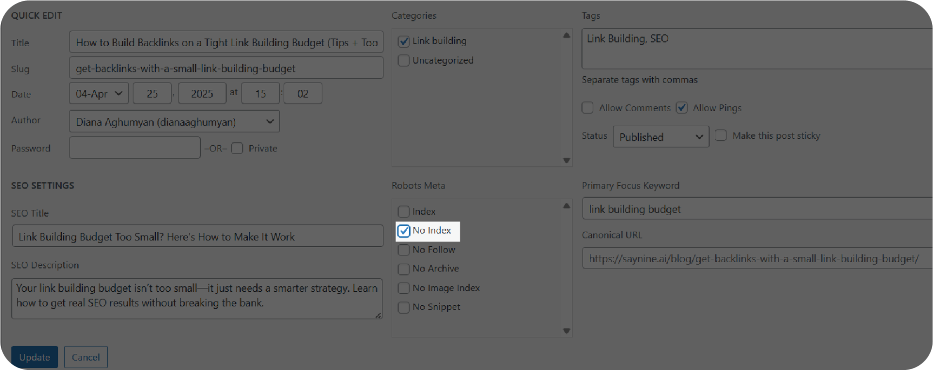 A no index tag on WordPress