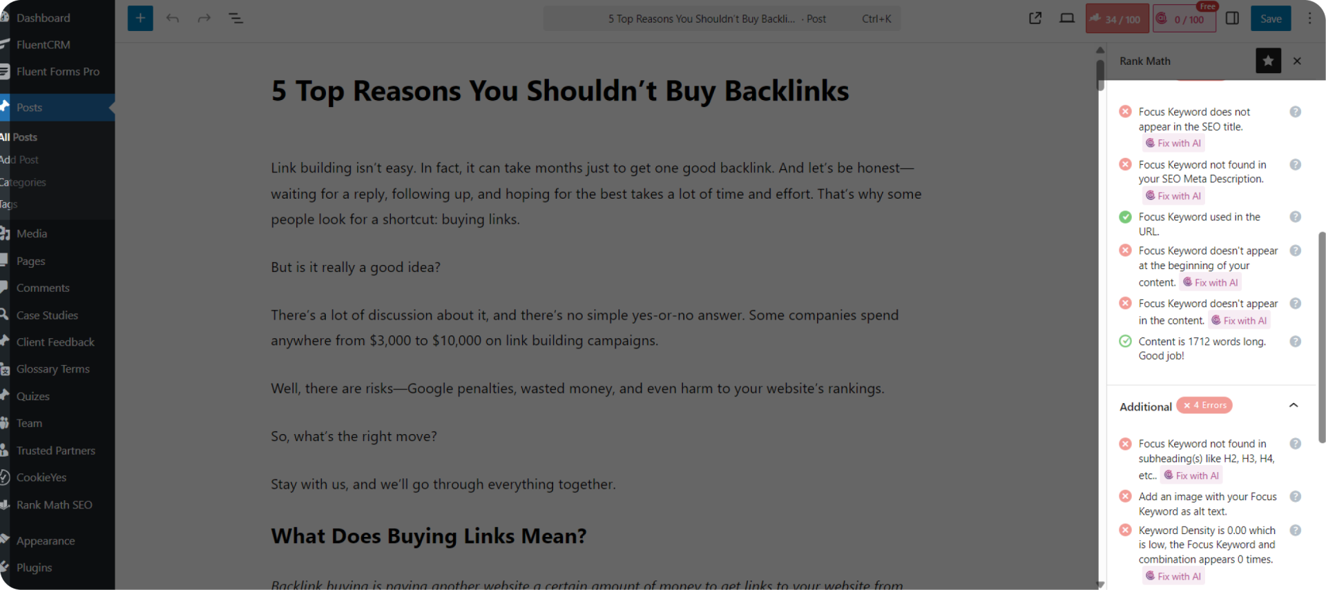 Yoast SEO showing recommendations for keyword usage.