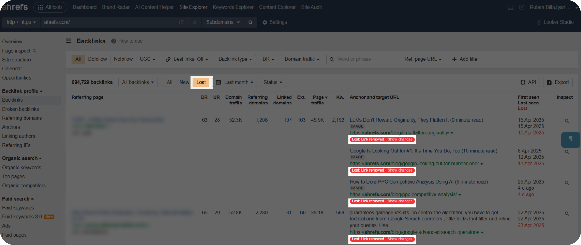 Ahrefs' dashboard showing lost backlinks