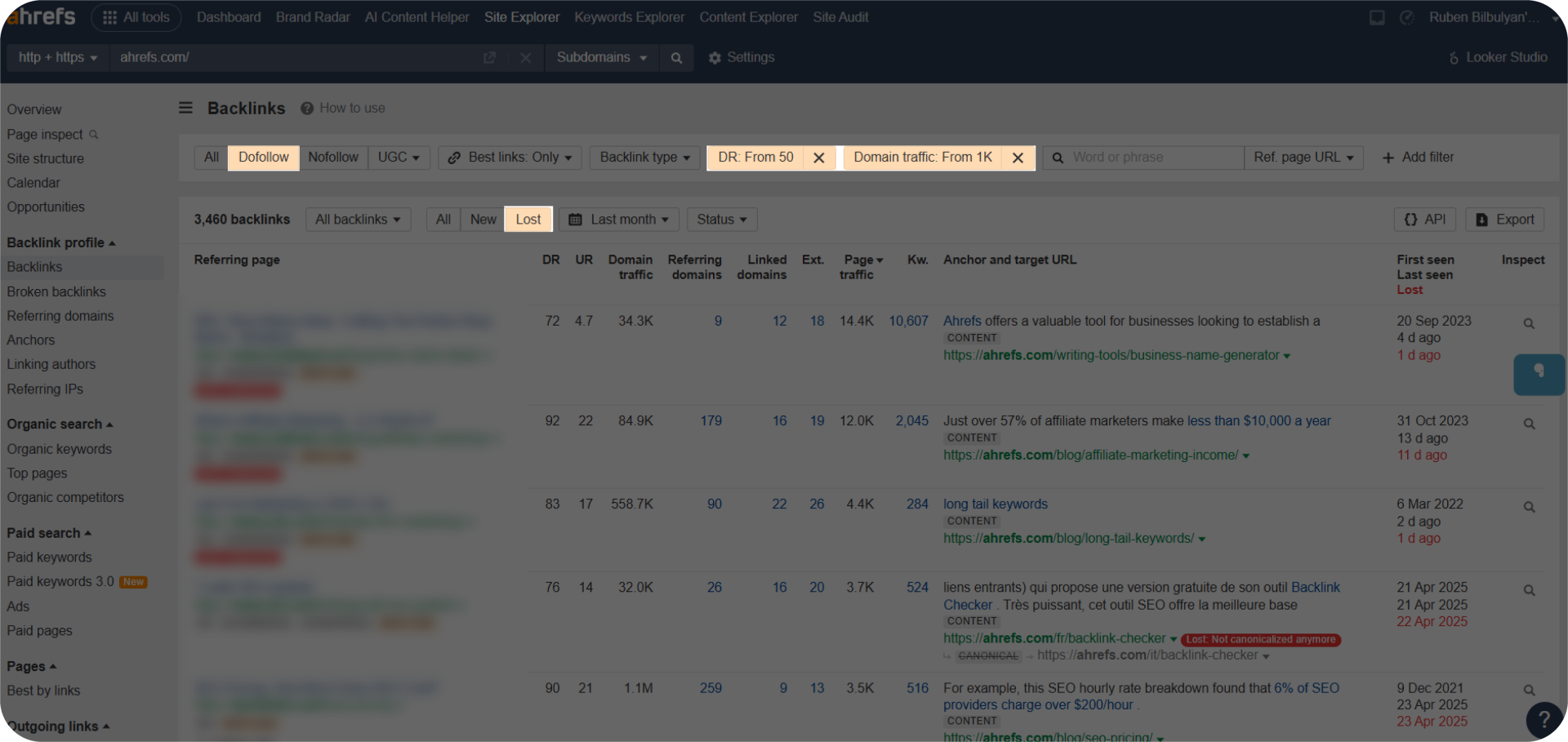 Ahrefs dashboard showing a list of lost backlinks filtered by DR, traffic, link type.