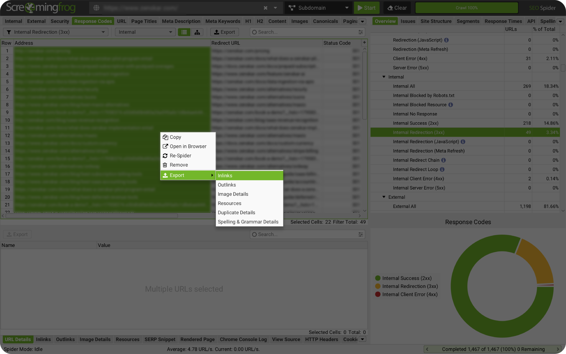 Screaming Frog export menu showing inlink data for internal 3xx redirects.
