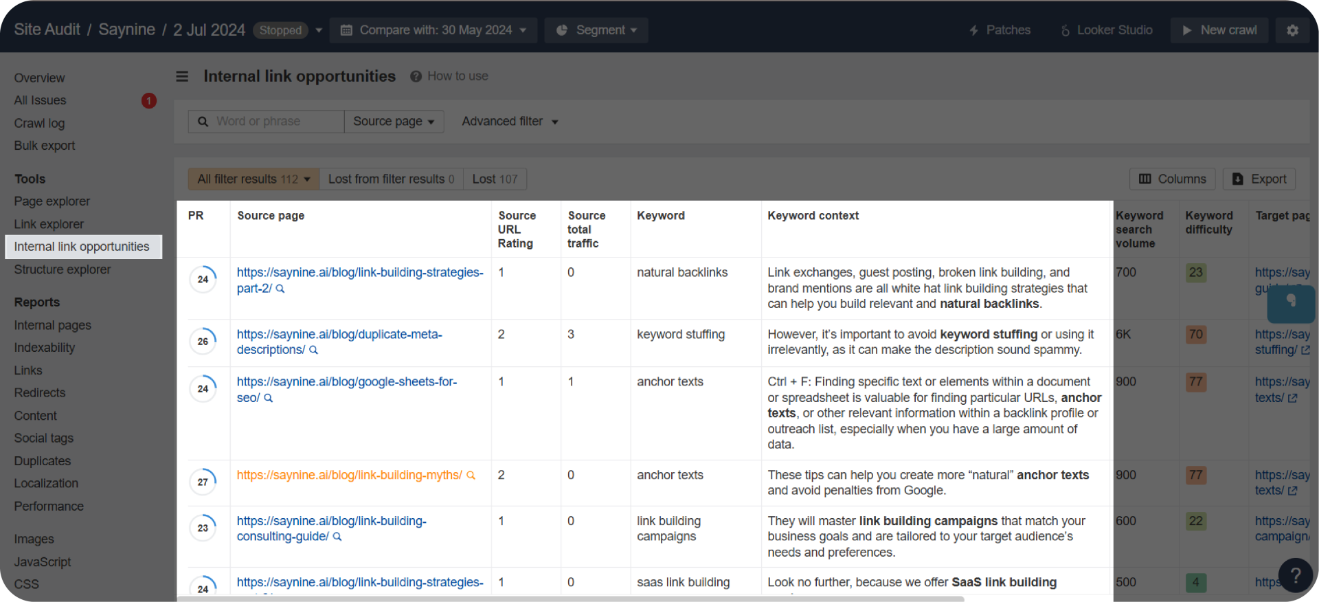Ahrefs' Internal link opportunities feature