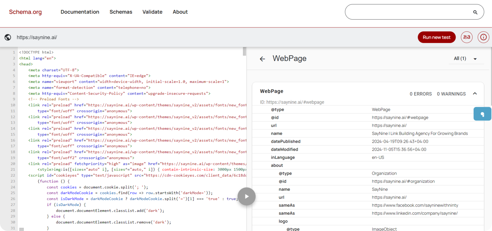 Schema markup validator dashboard