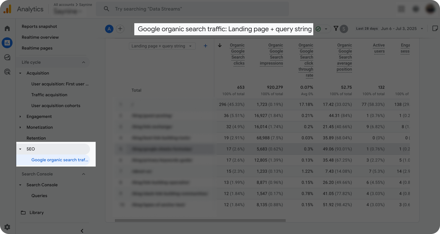 Google organic search traffic info for landing pages.
