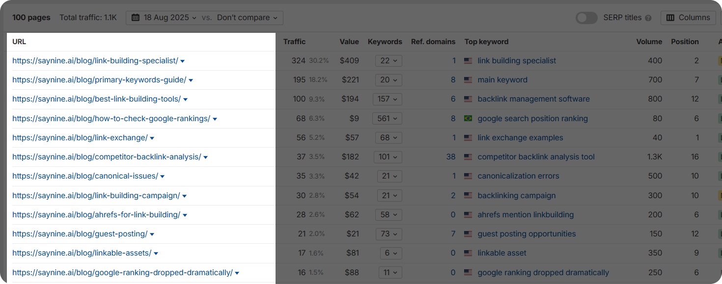 Well performing pages that bring traffic in Ahrefs․