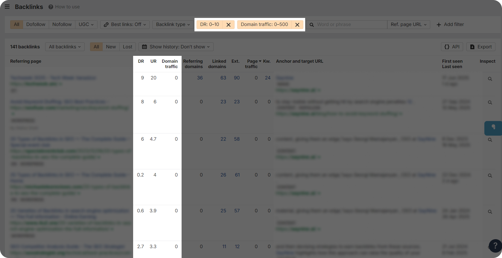 Ahrefs dashboard showing backlinks and their metrics.
