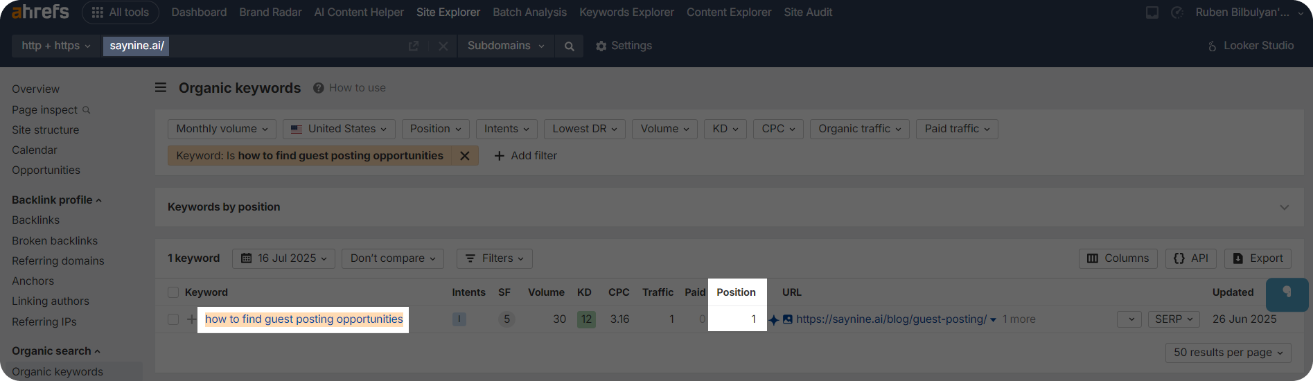 Ahrefs dashboard showing keyword position 