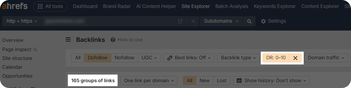 Ahrefs dashboard showing number of backlinks coming from domains with DR 0-10.