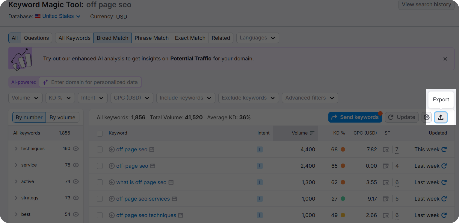 Export button in keyword research tool SEMrush.