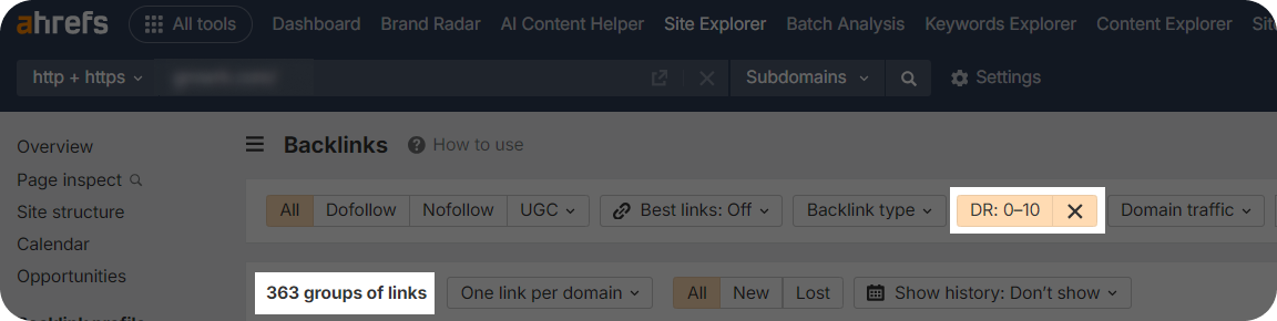 Ahrefs dashboard showing number of backlinks coming from domains with DR 0-10.