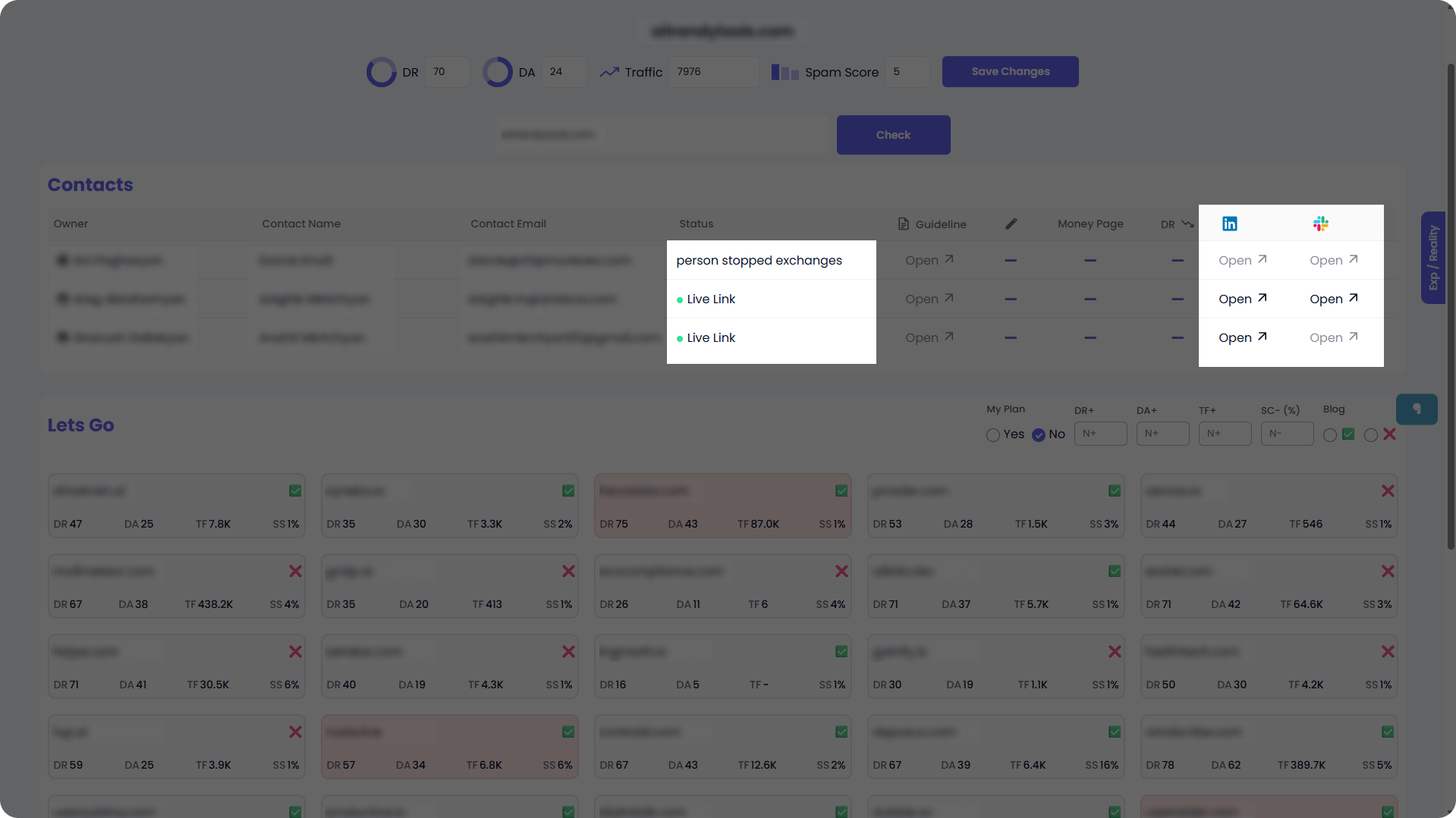 Internal platform dashboard for link building