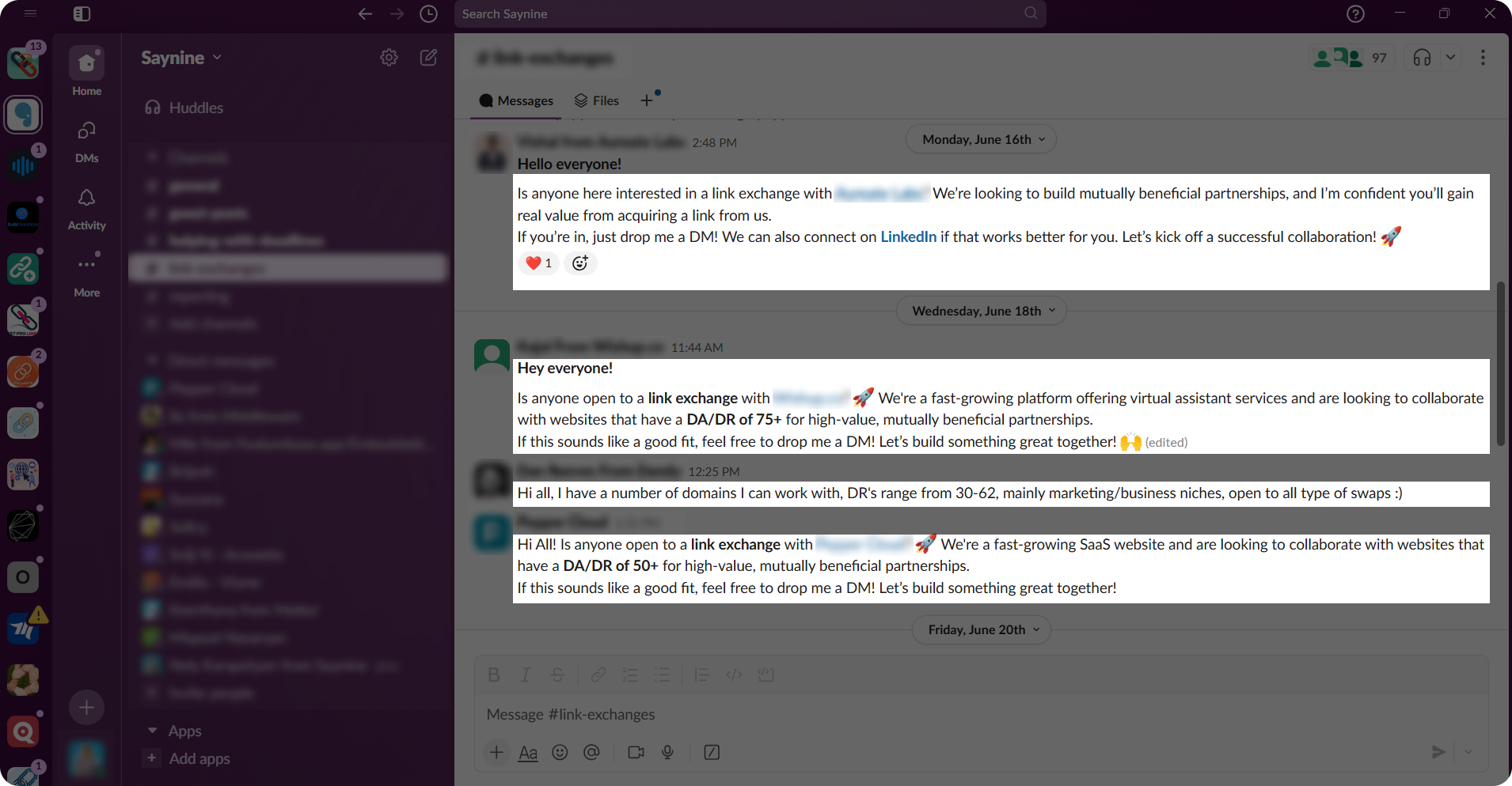 Slack dashboard showing communication between link builders.