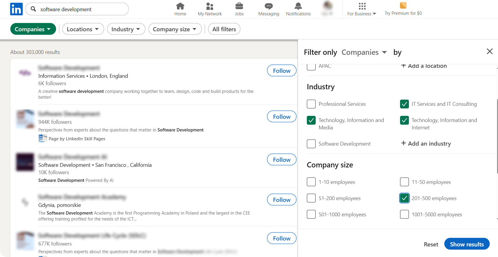 LinkedIn dashboard showing search results for software development companies.