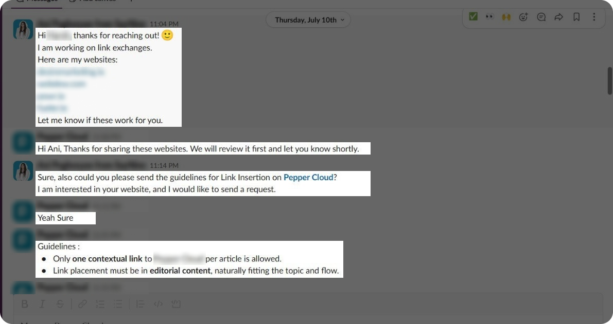 Slack dashboard showing conversation between link builders․