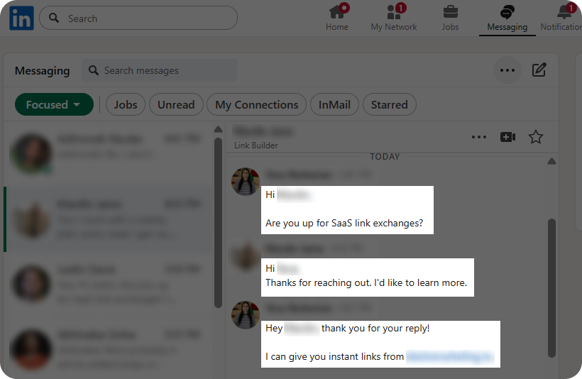 Linkedin message example for negotiating link exchanges.