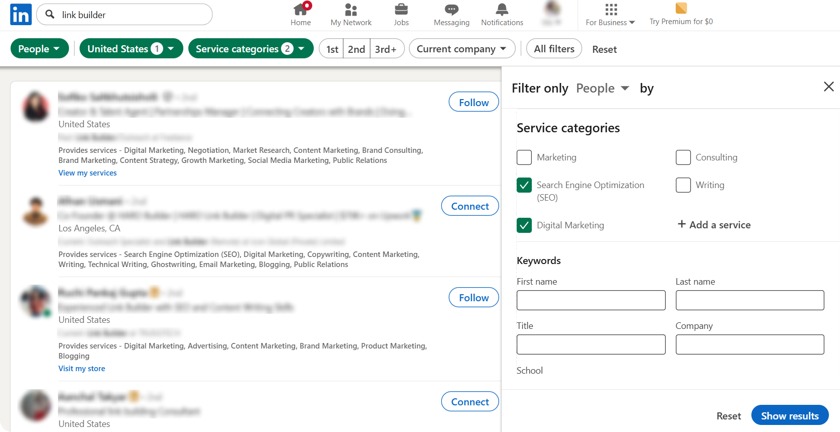 LinkedIn dashboard showing search results for link builder specialists.