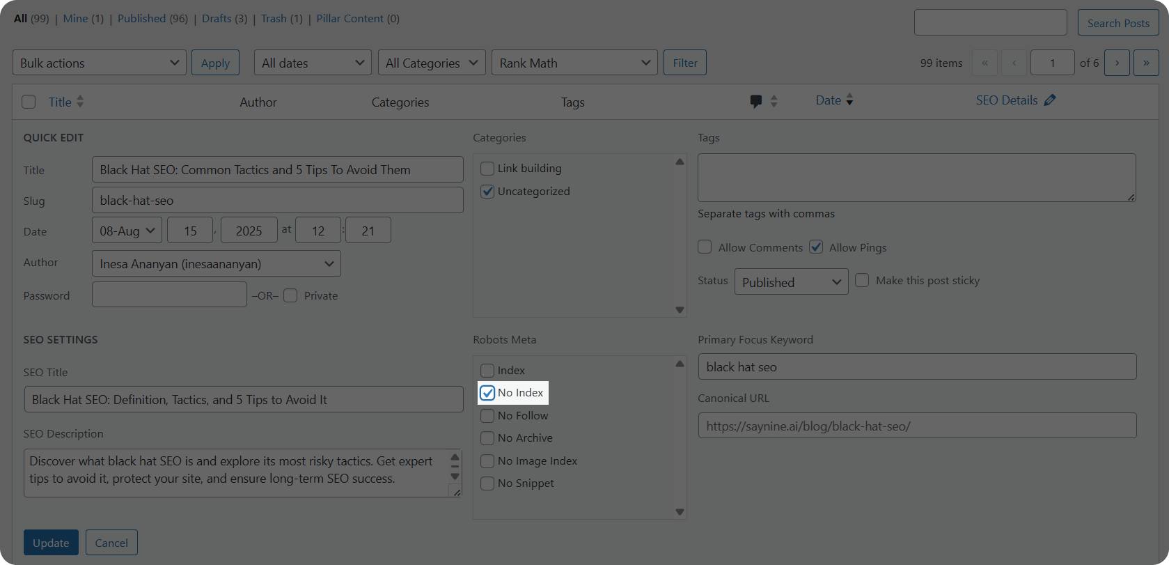 A screenshot of how to add a no index tag in WordPress.