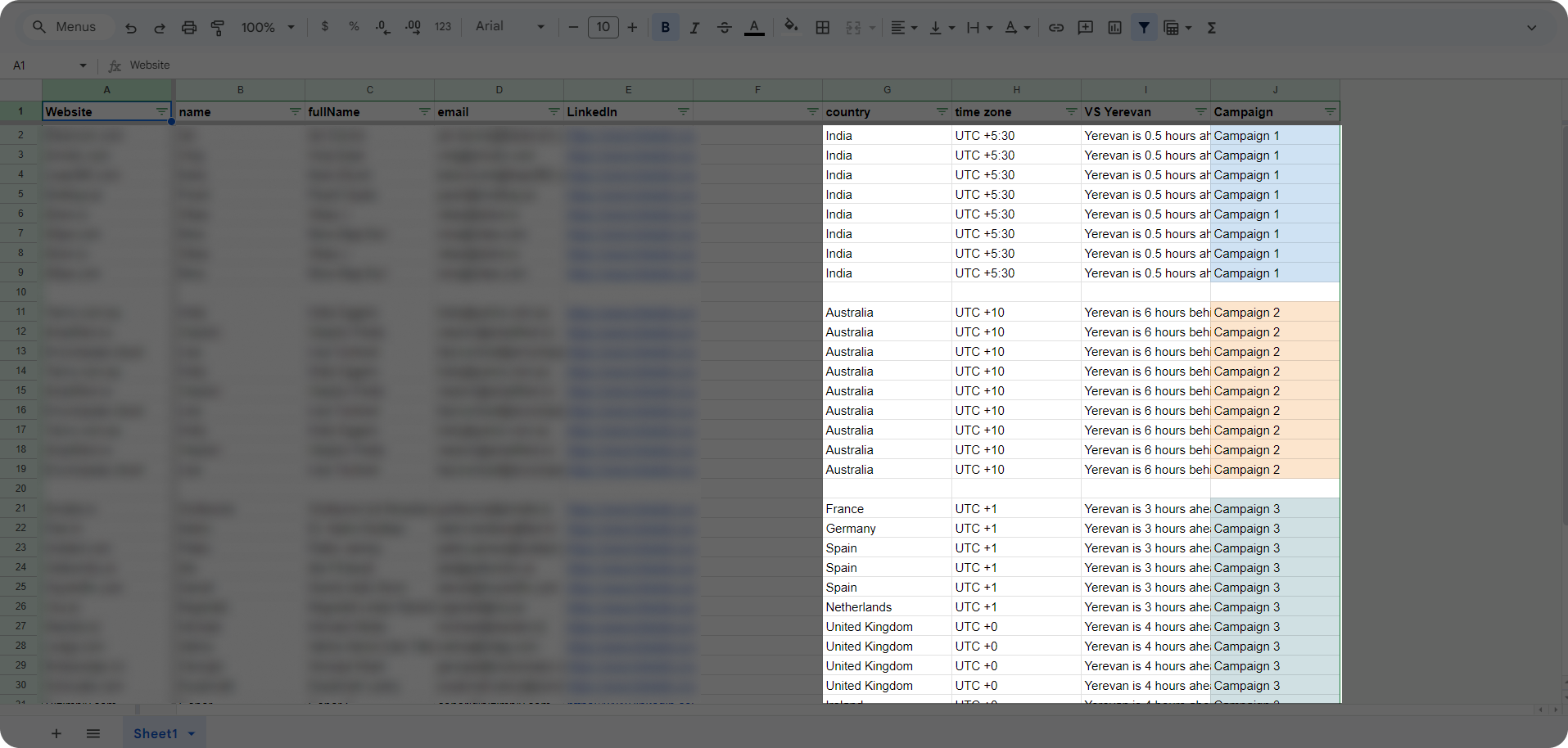 A spreadsheet with email outreach campaign information.