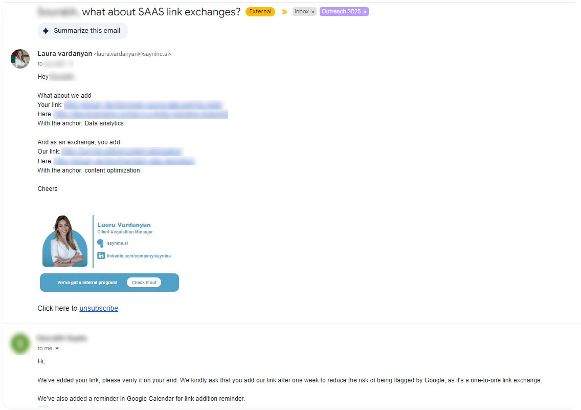We sent emails for link building, and here's one example.