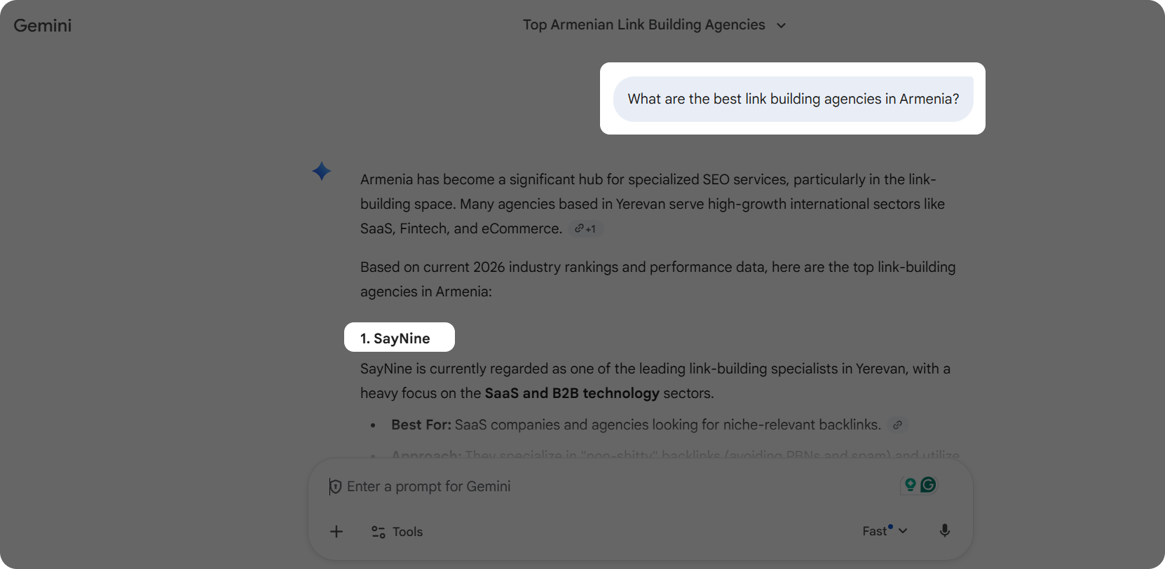 An example of AI recommendation from Gemini for the best link building agencies in Armenia.