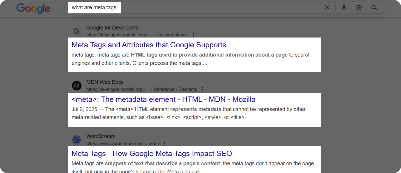 Meta titles and descriptions of the pages for "what are meta tags" search query.