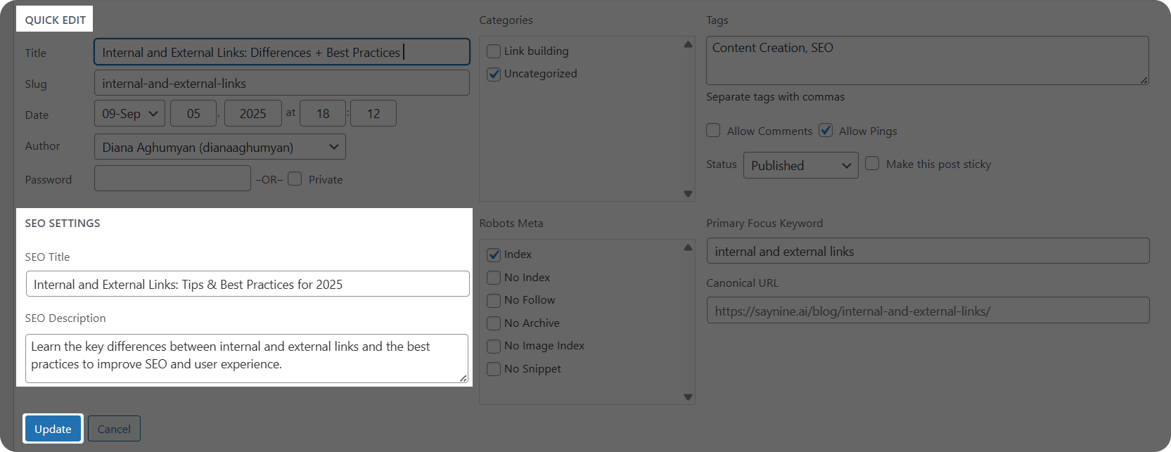 Quick edit option in WordPress