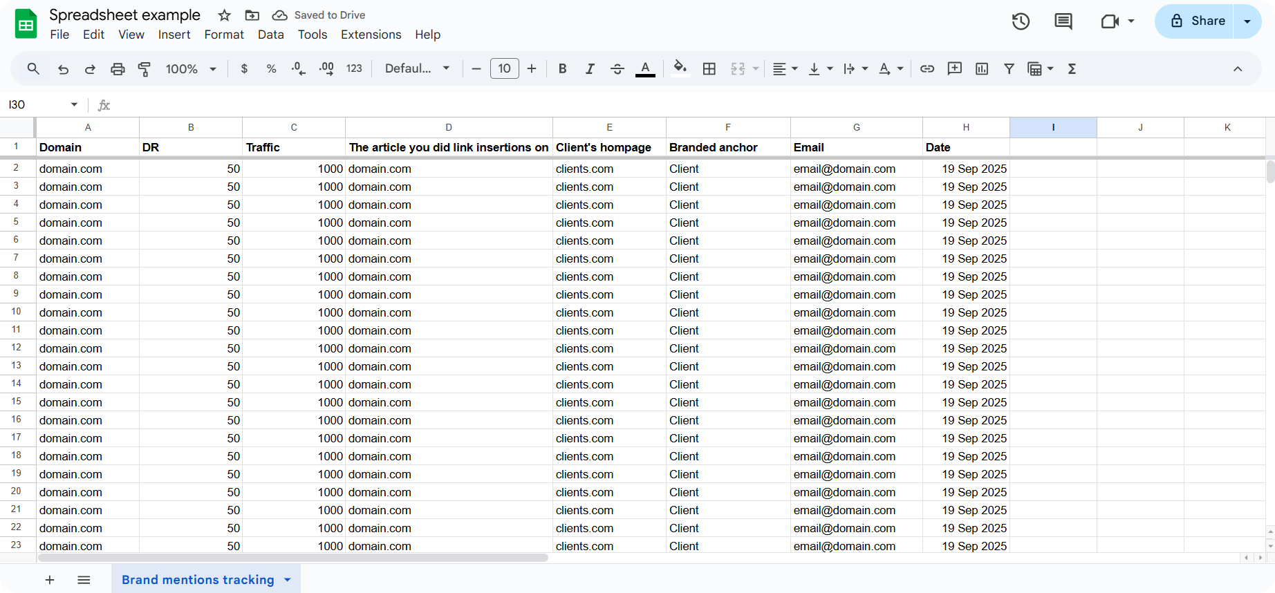 An example of a spreadsheet for tracking brand mentions.