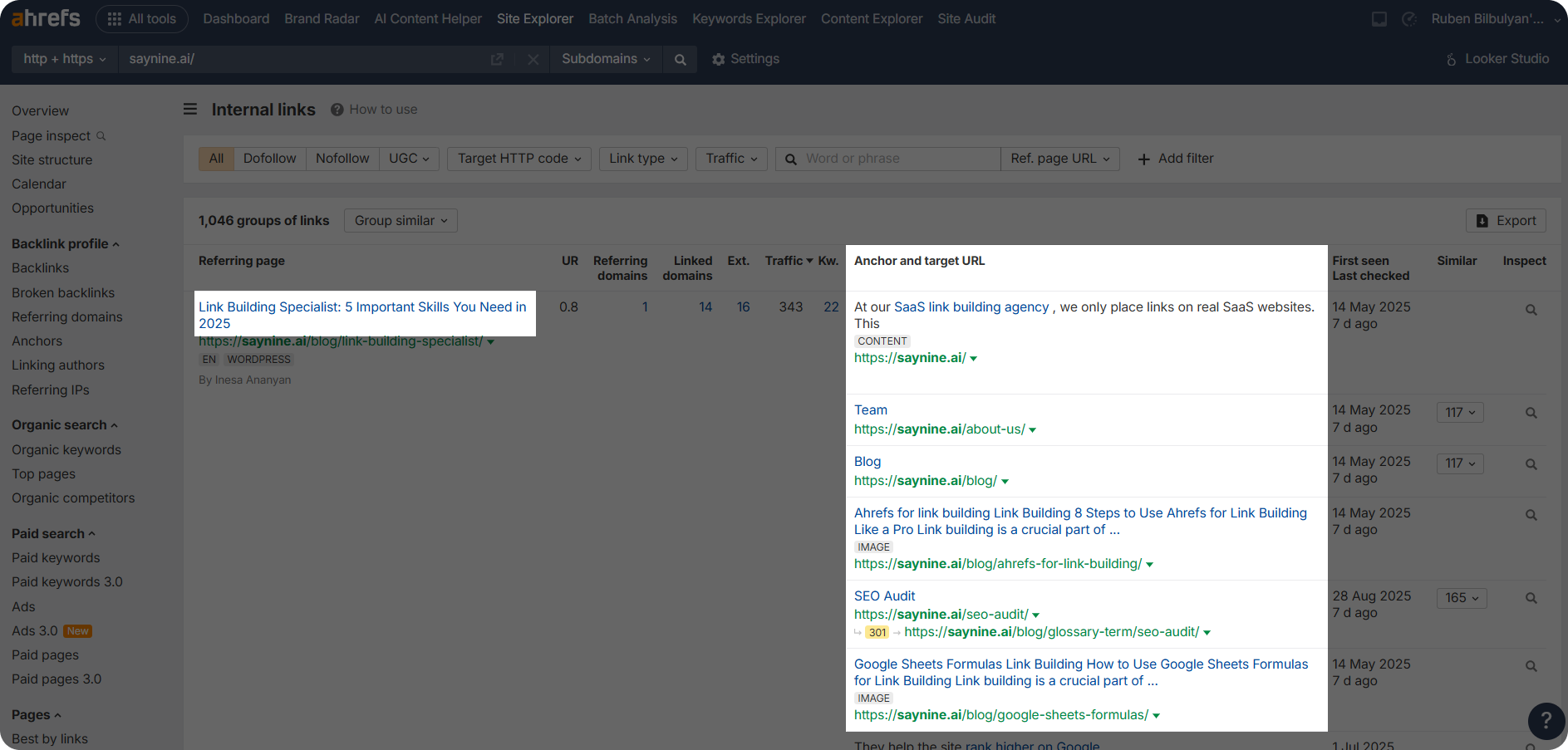 A screenshot of a linking page and internally linked pages with their anchor texts.