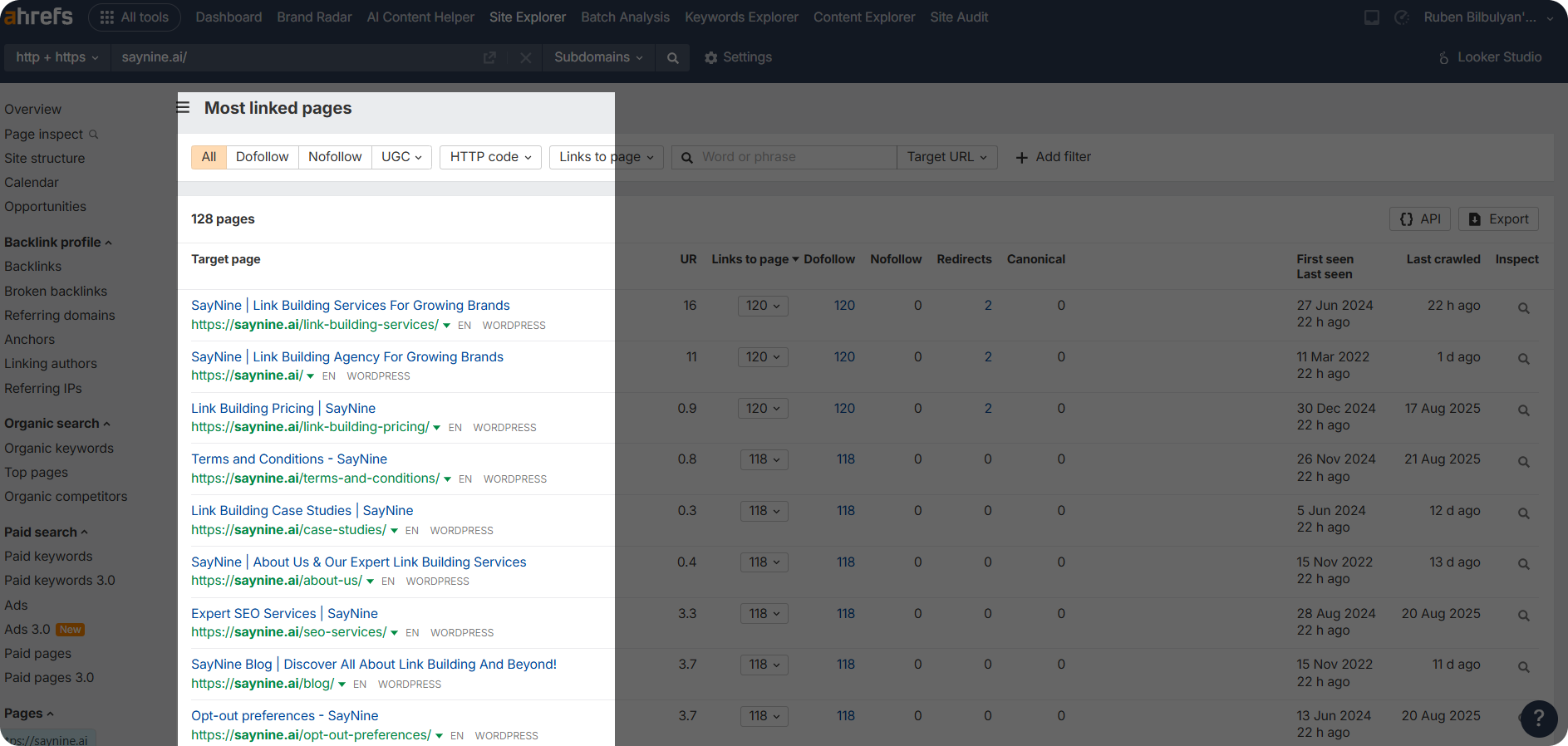 A screenshot of most internally linked pages in Ahrefs