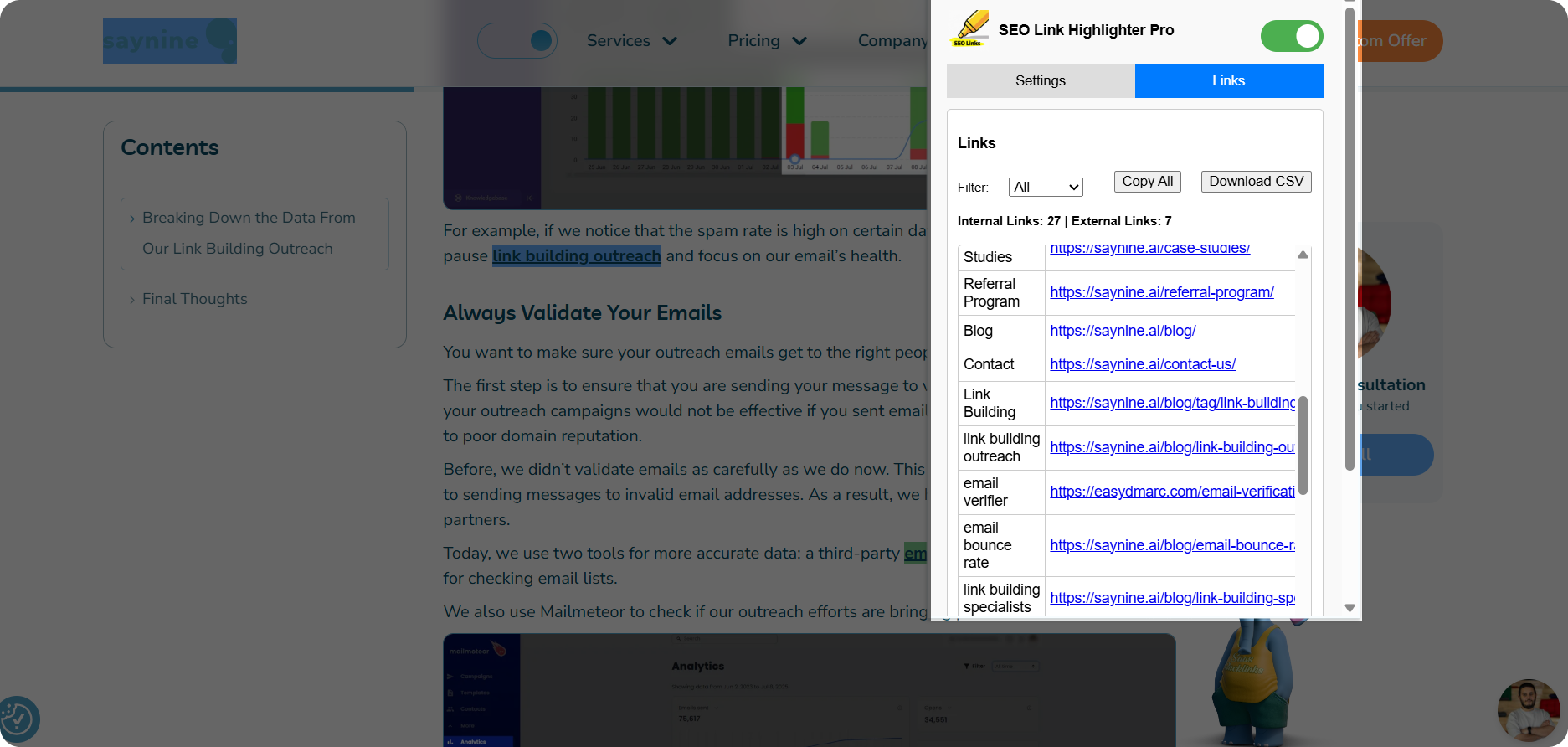 Browser extension for highlighting internal and external links with exporting option.