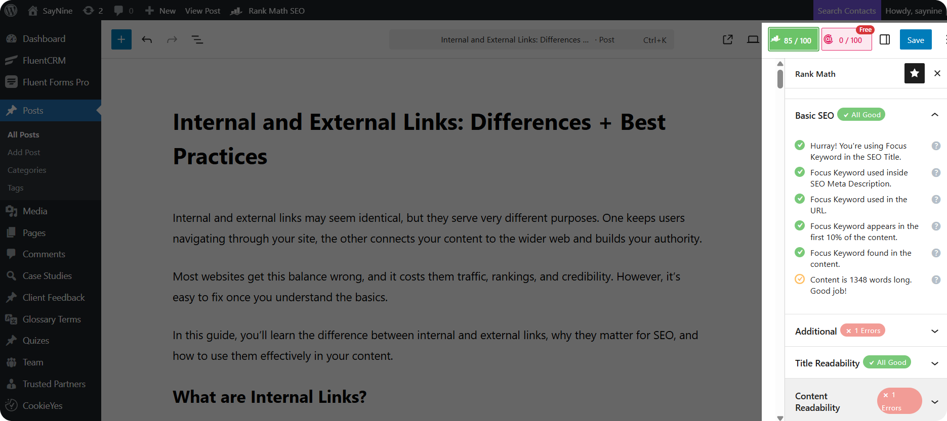 Suggestions from Yoast SEO plugin for making content more SEO-friendly. 