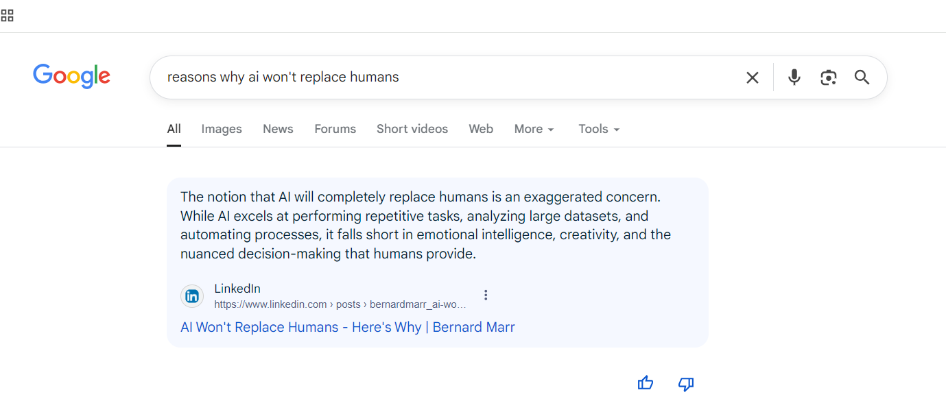 A featured snippet for a search query "reasons why ai won't replace humans"