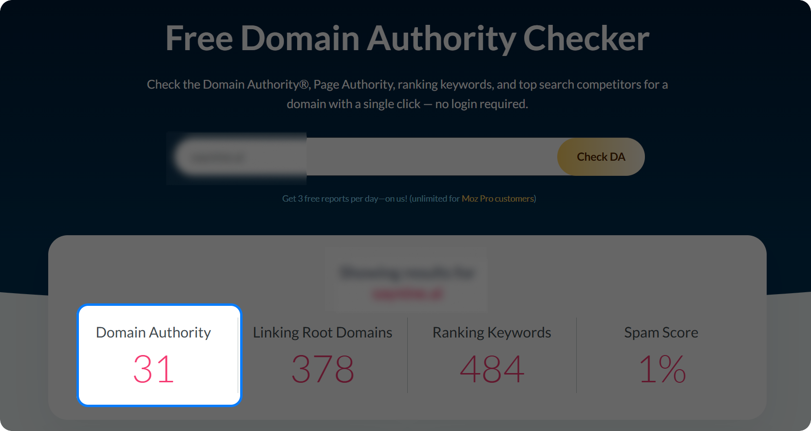 Moz's Domain Authority checker dashboard
