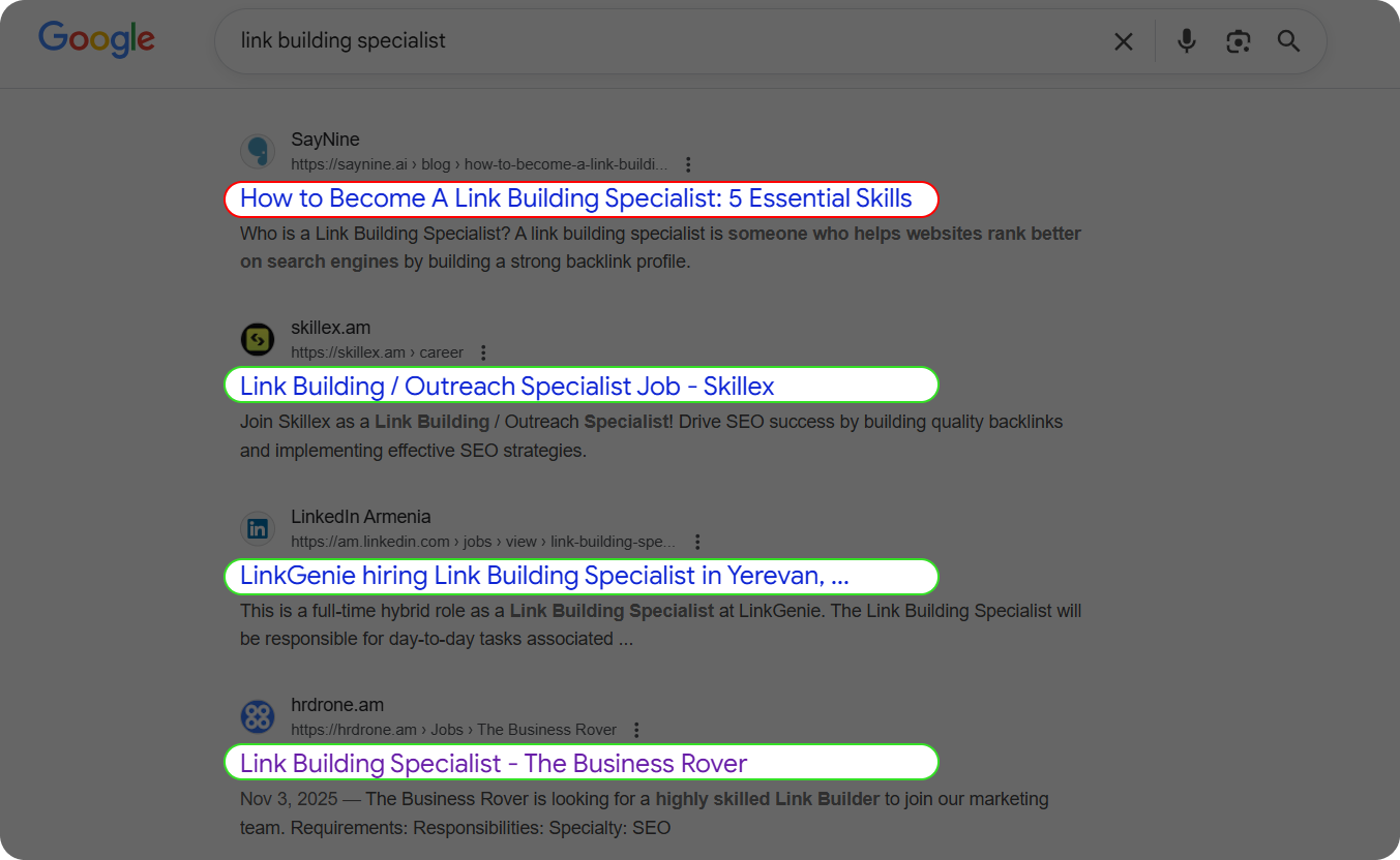 Search results for the "link building specialist" query