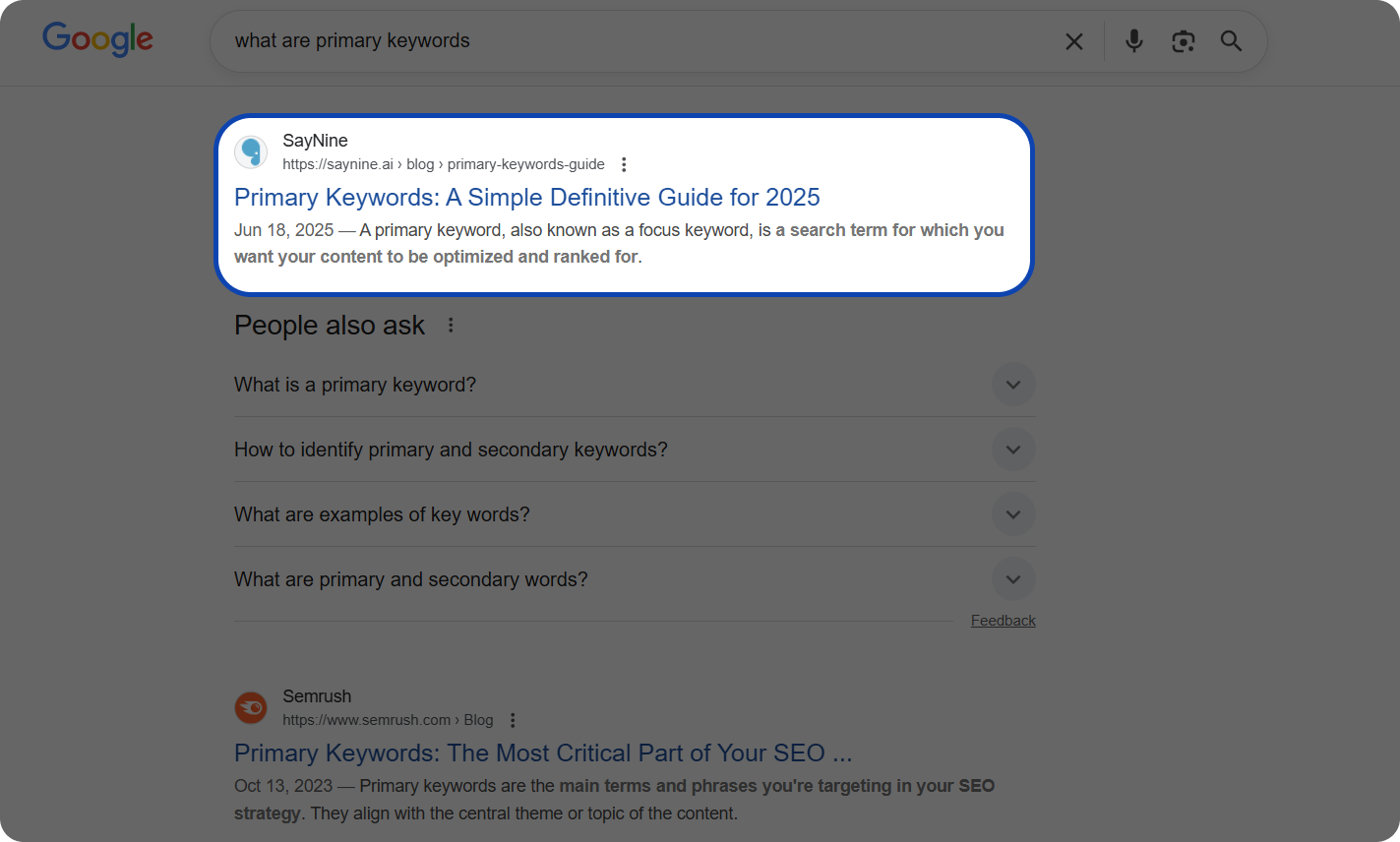 Search results for "what are primary keywords" query.