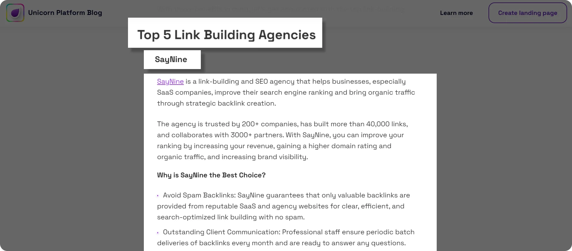 SayNine in a listicle about top 5 link building agencies.